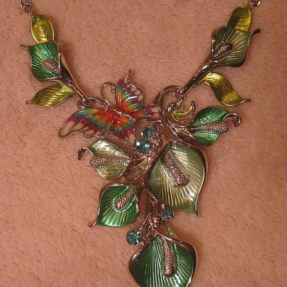 Silver tone Set Earrings Necklace Floral Enamel - Picture 6 of 8